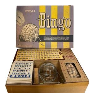 Vintage 1941 Lowe Real Bingo Game Set Complete Metal Cage Wood Balls